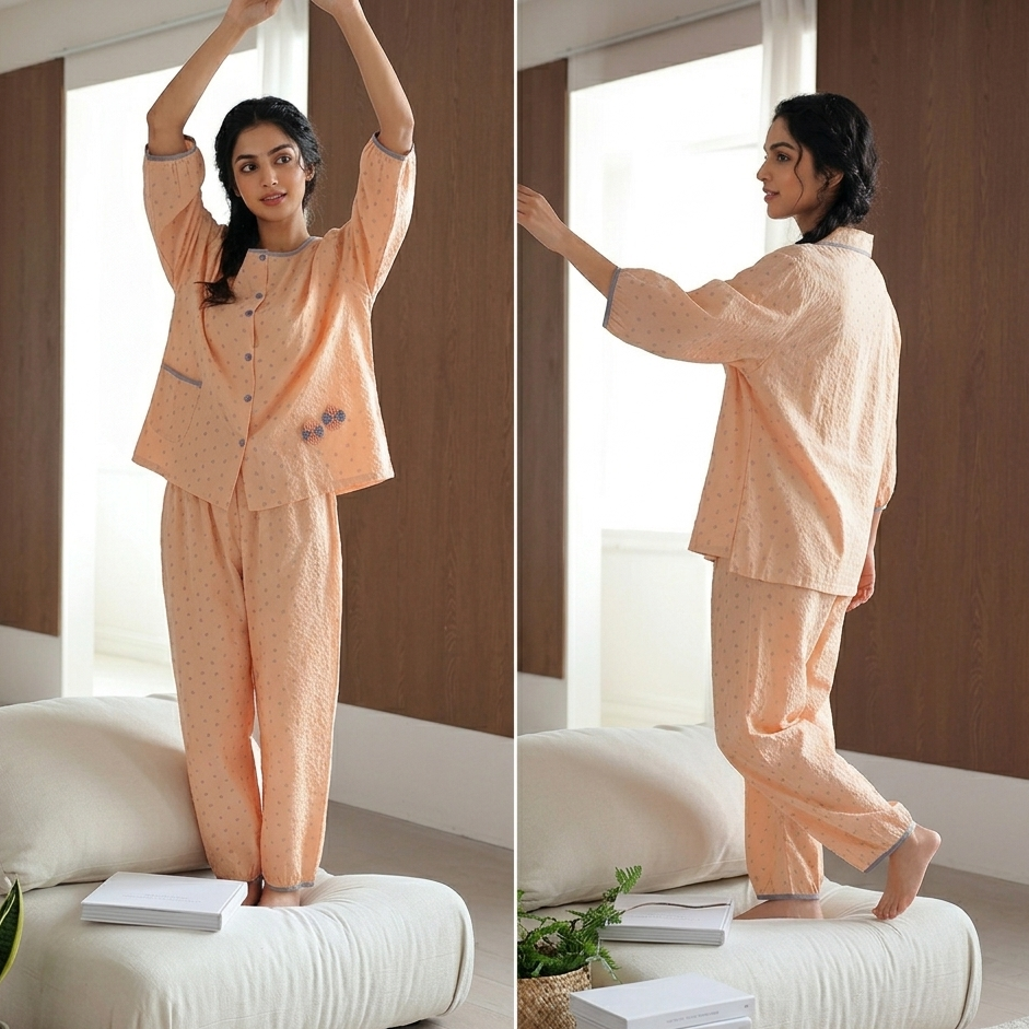 Peach Blossom padded pajama set in soft apricot color, featuring comfortable Indian-designed sleepwear by ZeroBra