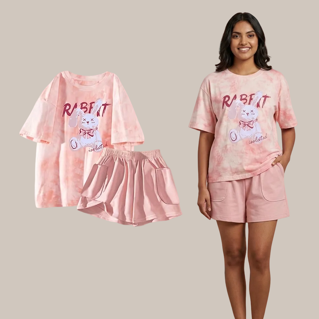 Blush pink Bunny Summer Lounge Set pajamas with built-in padded bra, comfortable Indian lingerie by ZeroBra