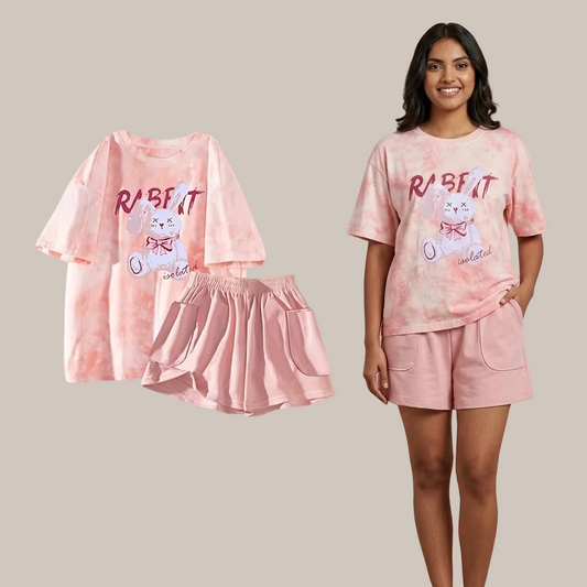 Blush pink Bunny Summer Lounge Set pajamas with built-in padded bra, comfortable Indian lingerie by ZeroBra