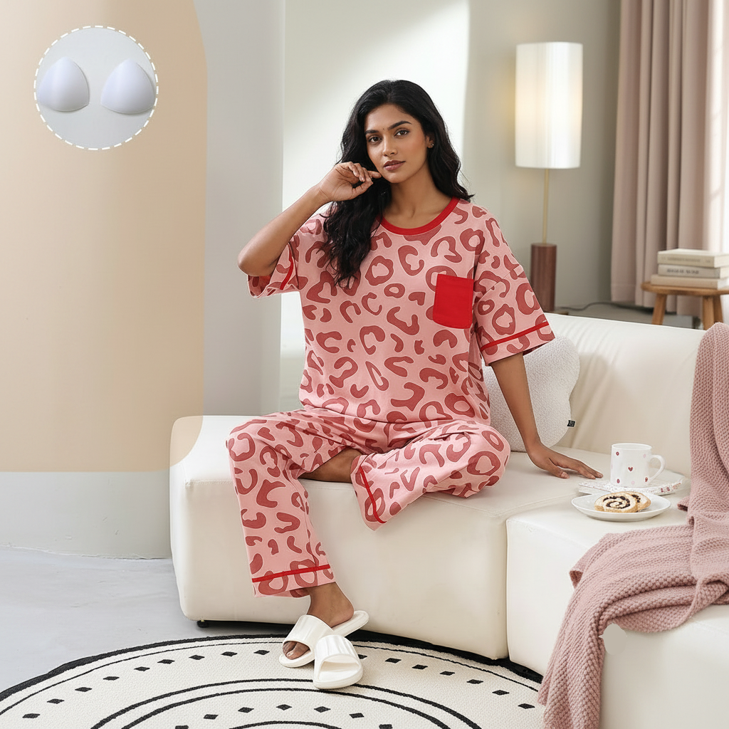 Cherry Leopard PJ Set with padded bra top in vibrant red cherry print, comfortable Indian loungewear by ZeroBra