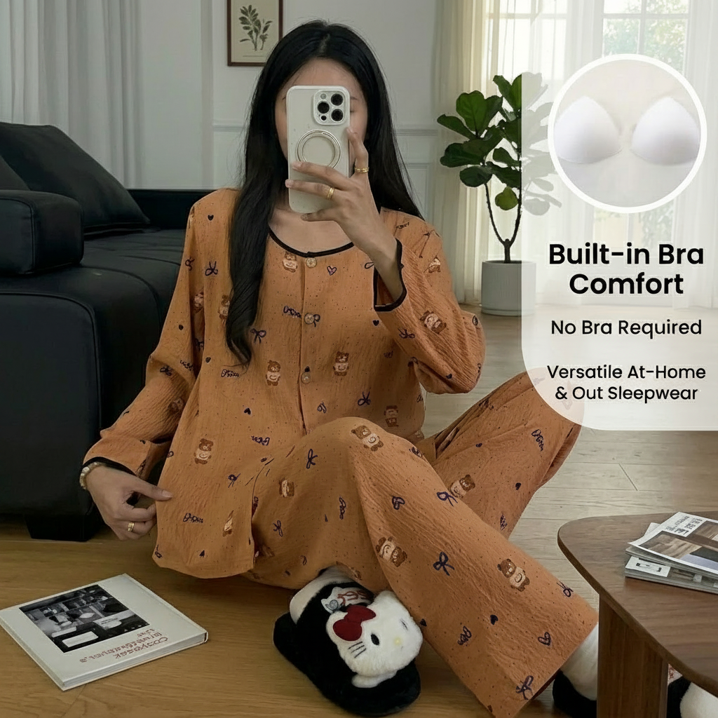 ZeroBra Teddy Cocoa Comfort Set in rich brown - padded built-in bra nightwear pajamas for comfortable sleep