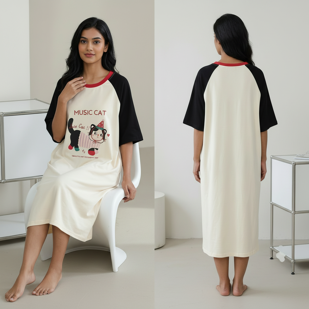 ZeroBra Nightgown 07 in soft fabric, comfortable Indian lingerie design for women's sleepwear