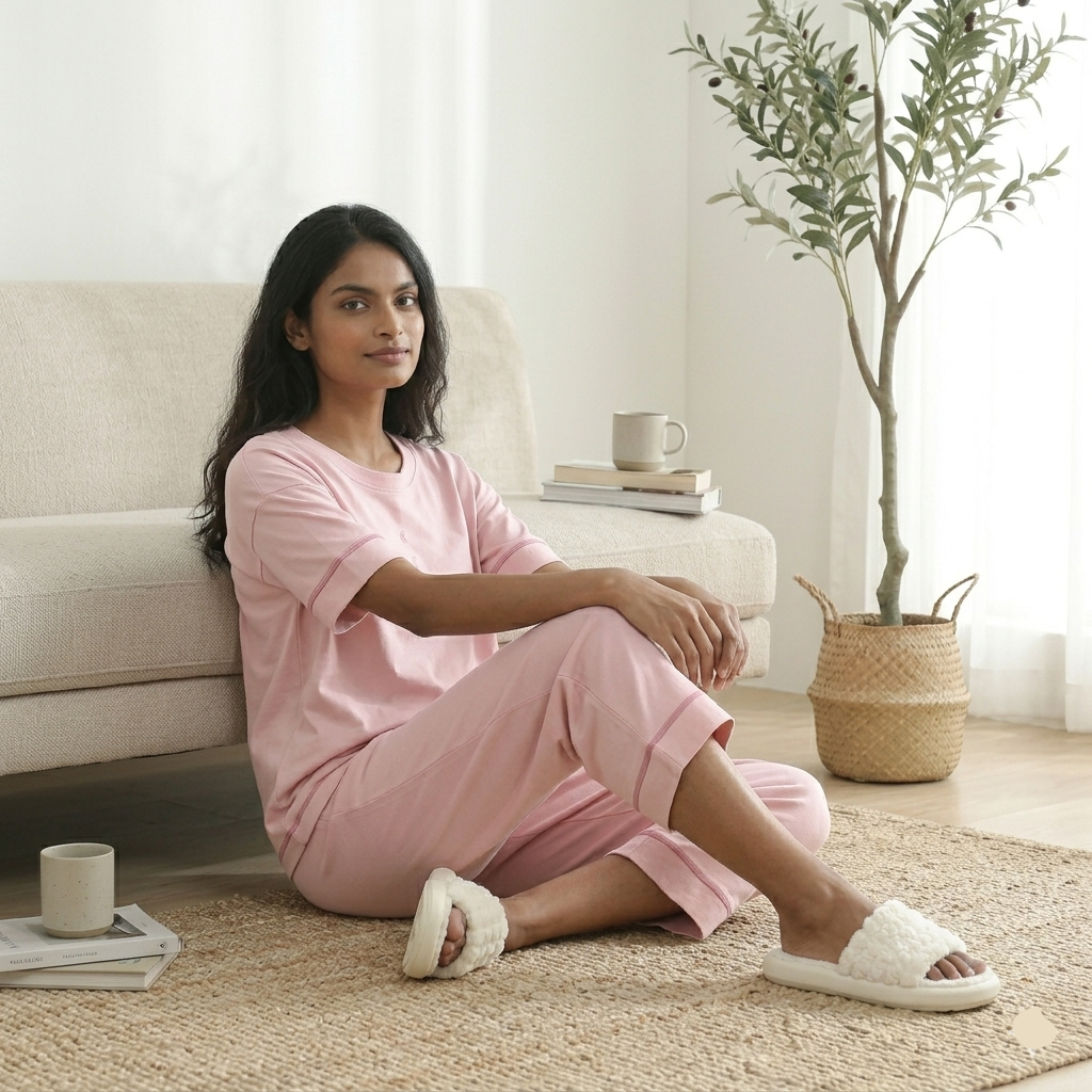 Blush pink Meow Lounge pajama set with built-in padded bra, comfortable Indian sleepwear by ZeroBra