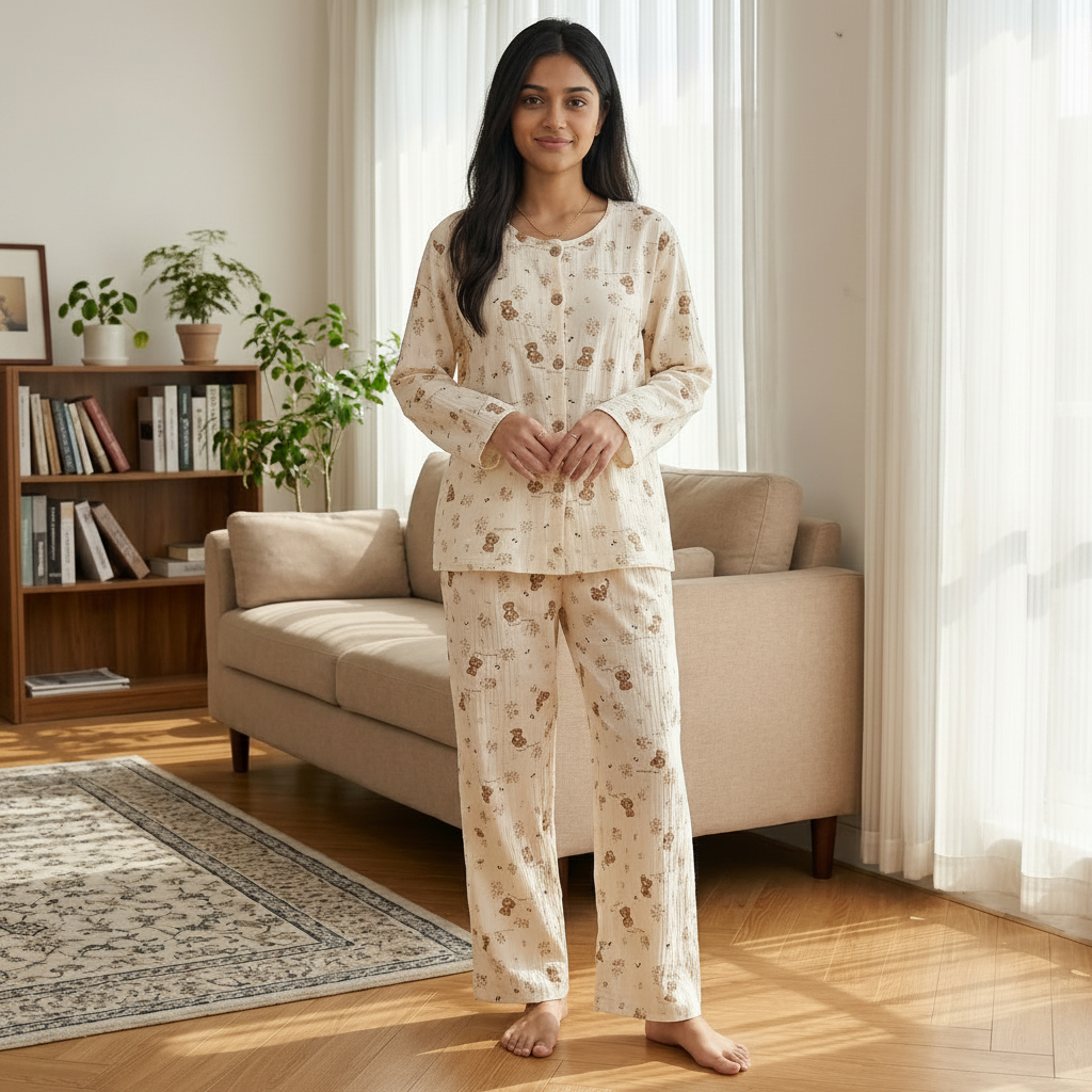 Tiny Teddy Garden Lounge Set in floral print - comfortable Indian nightwear with built-in padded bra by ZeroBra