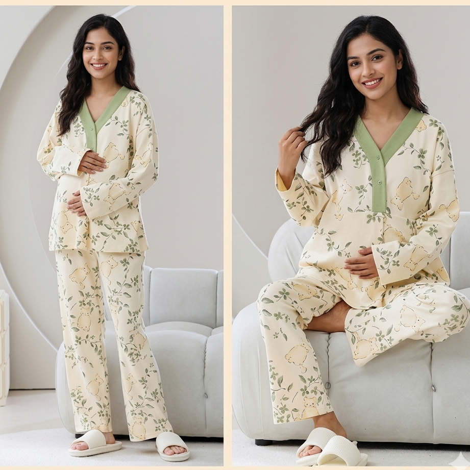 Green Maternity Meadow Bear PJ Set with padded comfort bra top and matching bottoms by ZeroBra India