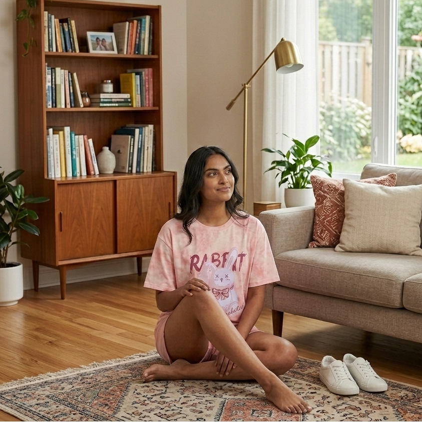 Blush Bunny Summer Lounge Set in soft pink with built-in padded bra, comfortable Indian loungewear by ZeroBra