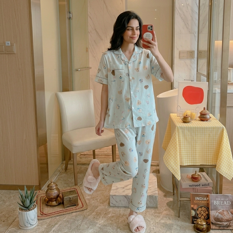 Sky Puppy Dreams padded pajama set in soft blue with cute cartoon puppies, comfortable sleepwear by ZeroBra