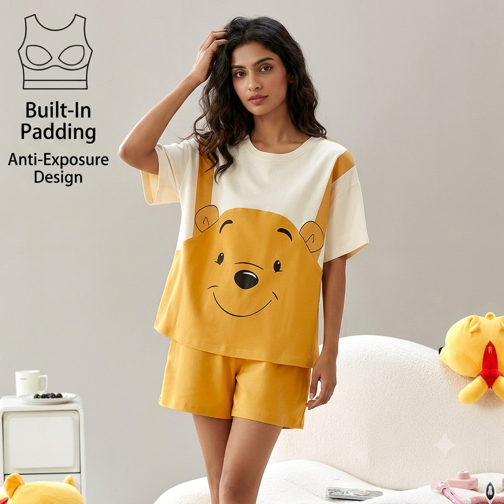 ZeroBra Honeybear PJ Set – cozy Indian women's comfortable bra-free nightwear in soft bear print