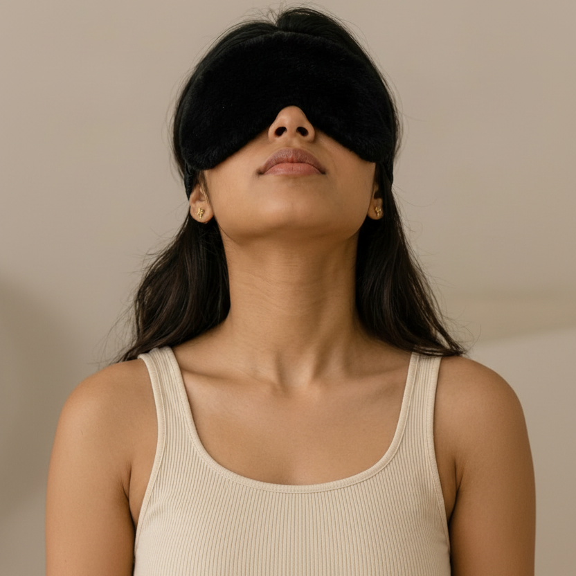 ZeroBra Midnight Plush Sleep Eye Mask in deep navy, soft velvety texture for comfortable rest