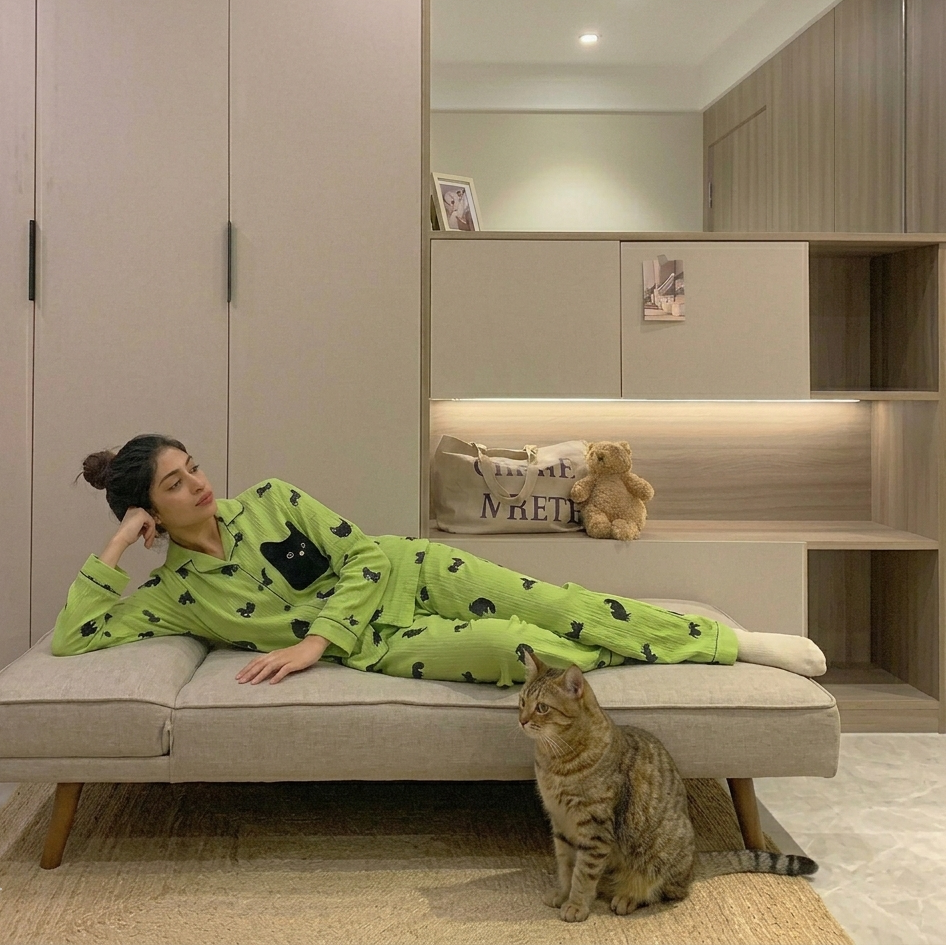 Matcha green Kitty Padded Pajama Set with playful cat print, comfortable sleepwear by ZeroBra India