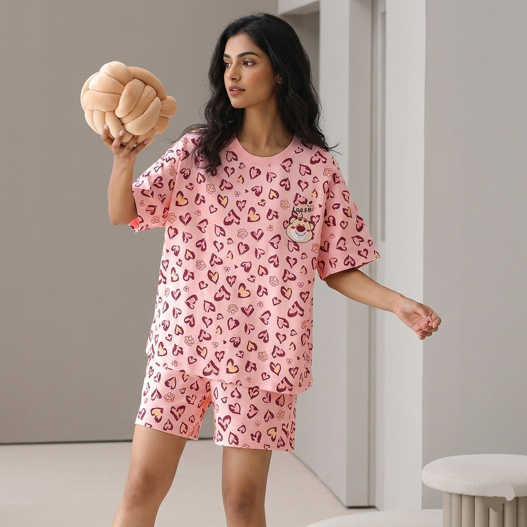 Pink Sweetheart Snuggle padded pajama set by ZeroBra showing comfortable Indian lingerie design with soft fabric
