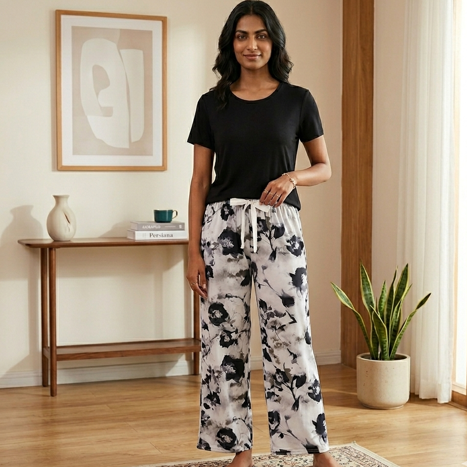 Midnight Bloom Lounge Set in deep navy with floral print, comfortable padded bra top and matching pajama pants