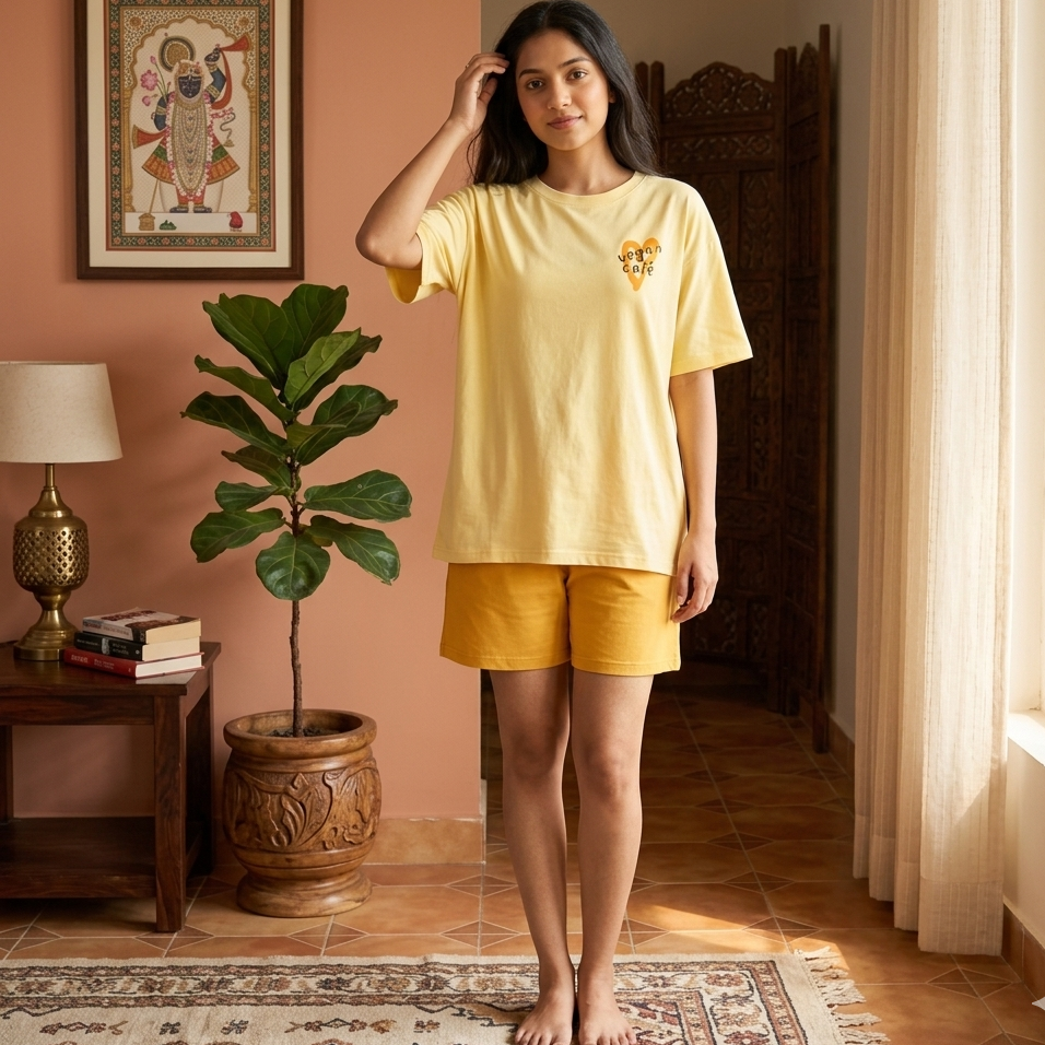 Sunny Bliss Lounge Set in bright yellow with built-in padded bra comfort, Indian comfortable pajamas by ZeroBra