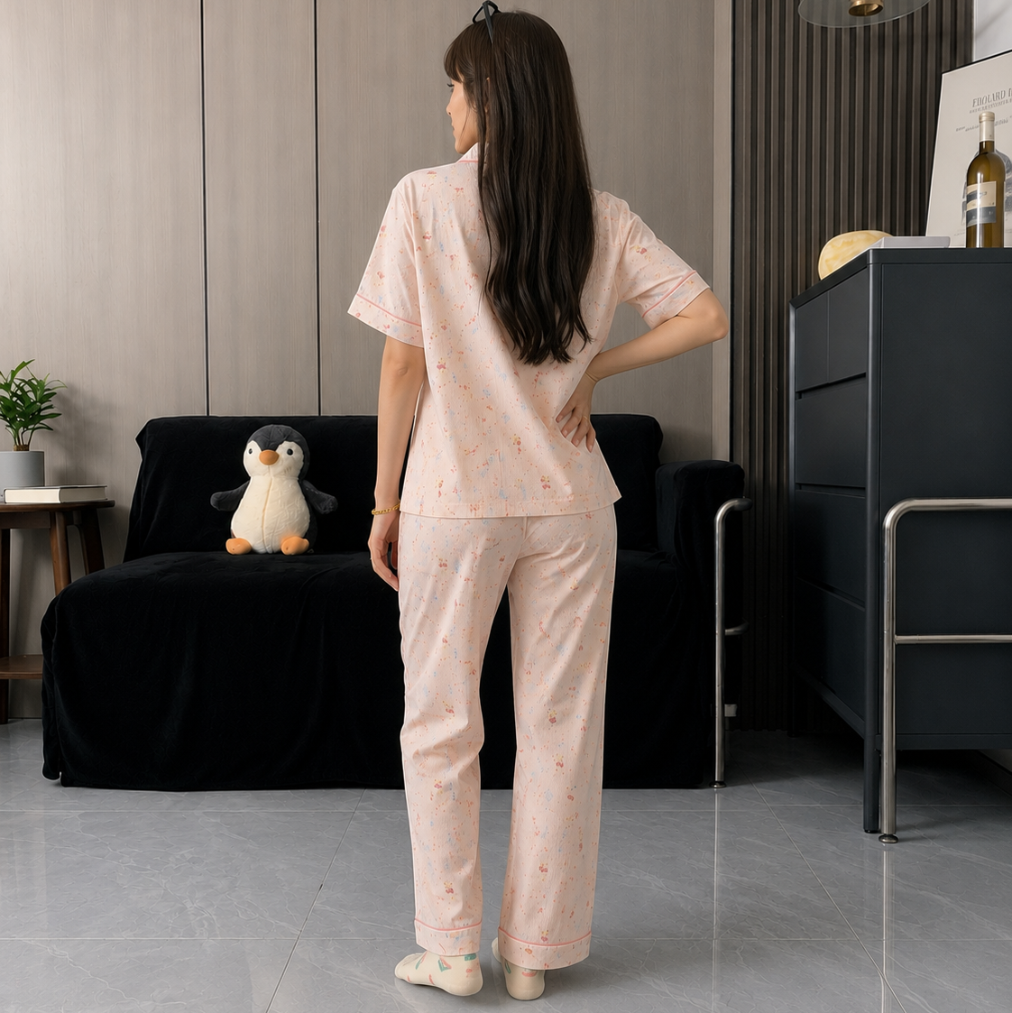 Blush pink Kitty Built-in Bra pajama set with comfortable padded support, ZeroBra's cozy Indian loungewear