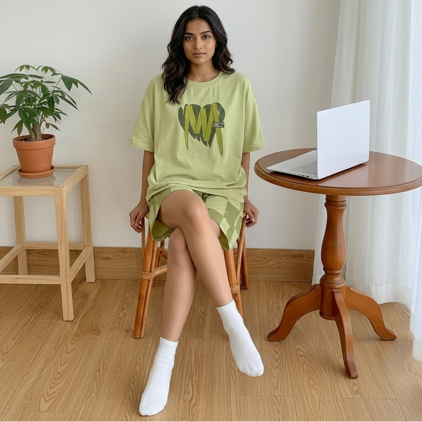 Matcha Check Lounge Set in soft green checkered pattern, comfortable padded bra top and matching pajama bottoms by ZeroBra