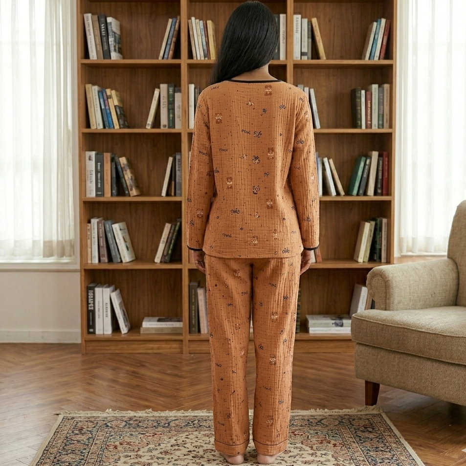 ZeroBra Teddy Cocoa Comfort Set showing cocoa brown padded nightwear pajama set on model, comfortable Indian lingerie