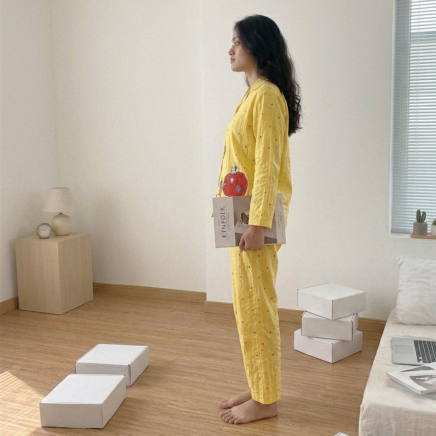 Sunny Apple Padded Pajama Set in bright yellow with comfortable fit, ZeroBra's cozy Indian sleepwear design