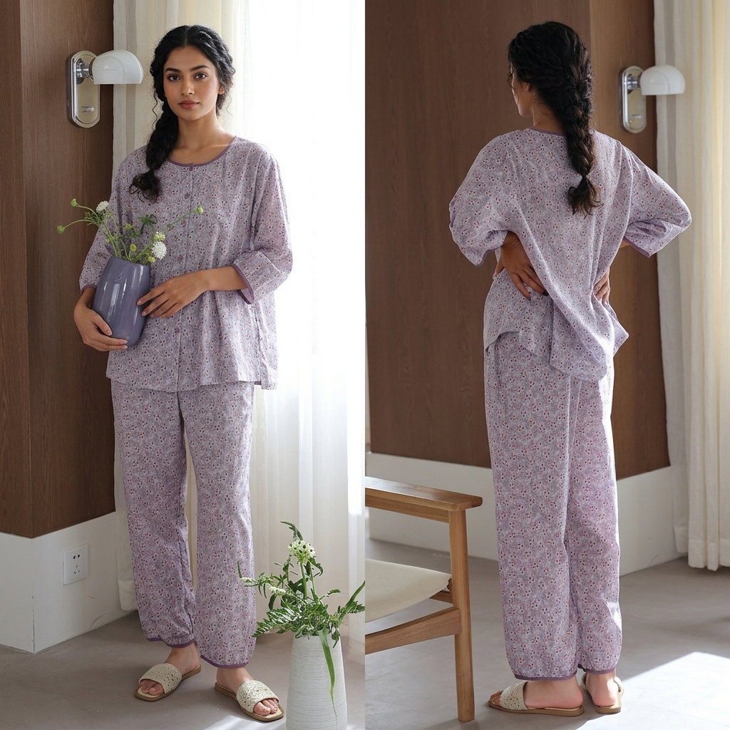 Lavender Meadow padded PJ set in lilac bloom print, comfortable Indian loungewear by ZeroBra brand