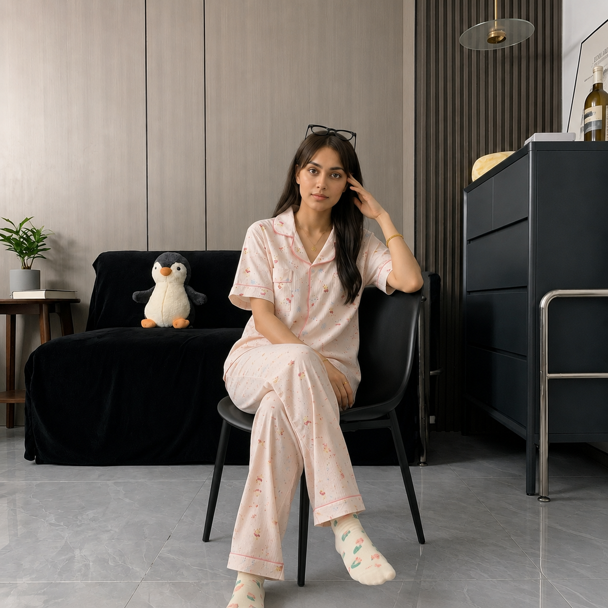 Blush pink Kitty Built-in Bra pajama set with comfortable padded support, ZeroBra Indian loungewear collection