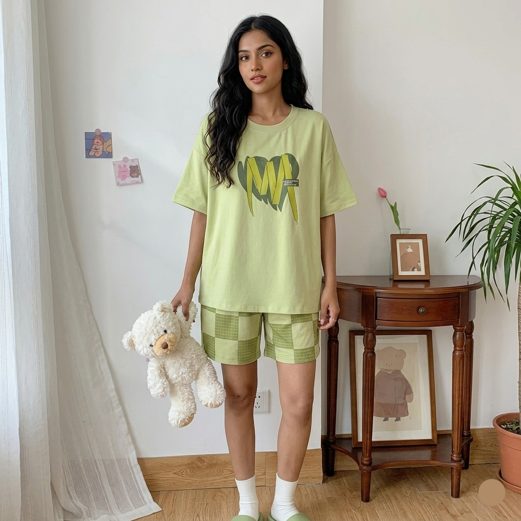 ZeroBra Matcha Check Lounge Set showing green checkered pajama top with padded bra and matching bottoms
