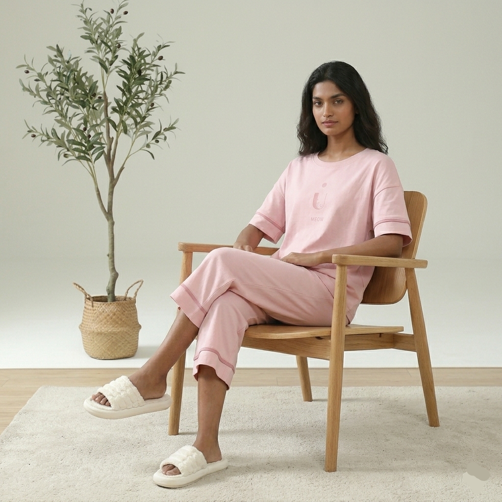 Blush Meow Lounge Set in soft pink with built-in padded bra, comfortable Indian sleepwear by ZeroBra