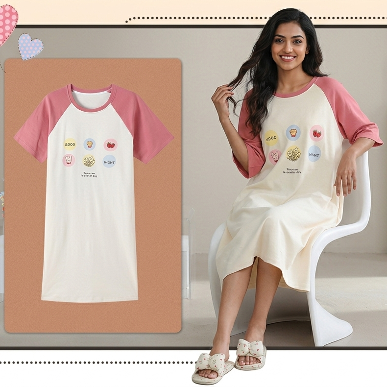 ZeroBra Nightgown 09 in soft fabric, comfortable sleepwear design for Indian women, elegant styling