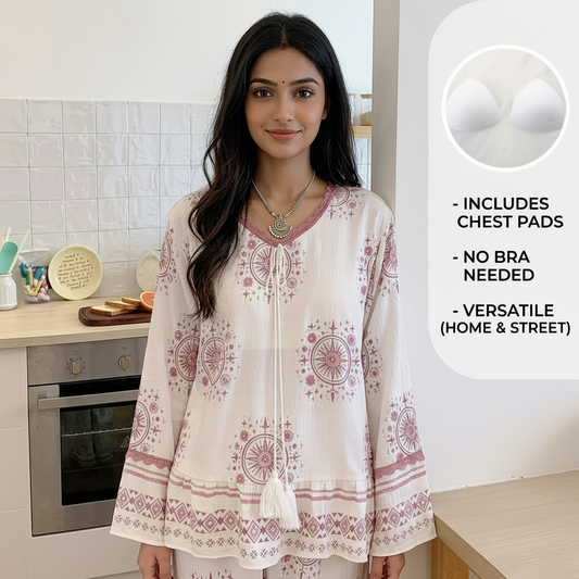 ZeroBra Boho Blossom Comfort Lounge Set in soft floral print - comfortable Indian nightwear with built-in bra
