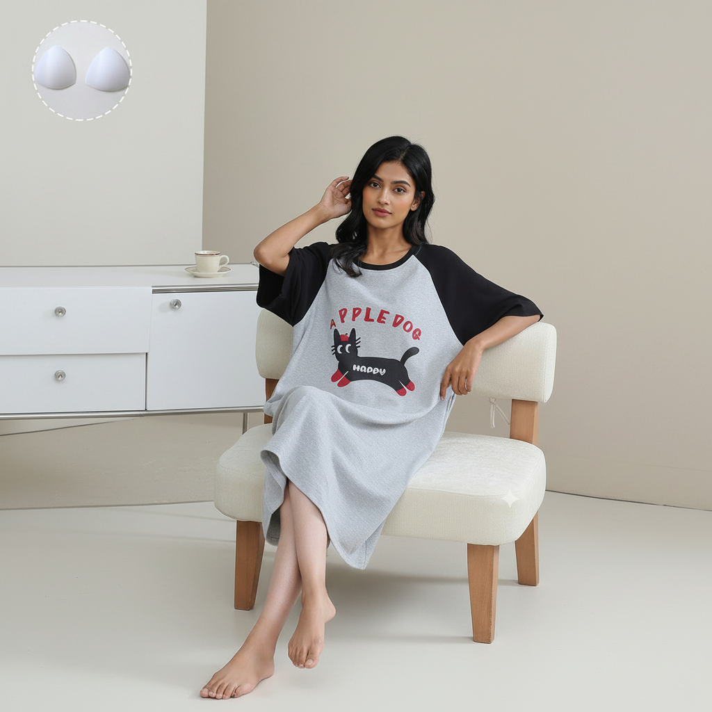ZeroBra Nightgown 08 in soft fabric, comfortable Indian sleepwear design with elegant draping and relaxed fit