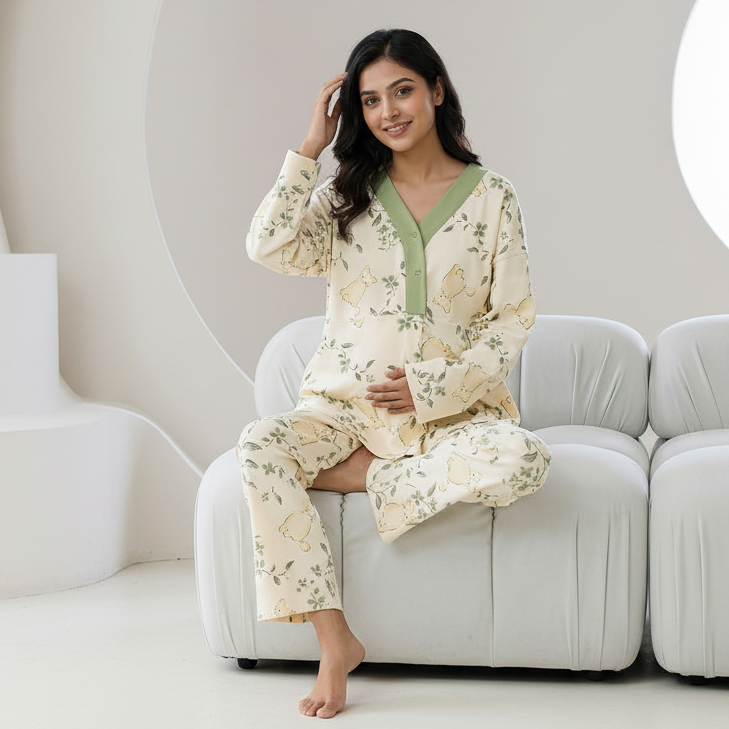 Maternity Meadow Bear PJ Set in soft pastel tones with padded comfort top, comfortable Indian maternity wear by ZeroBra