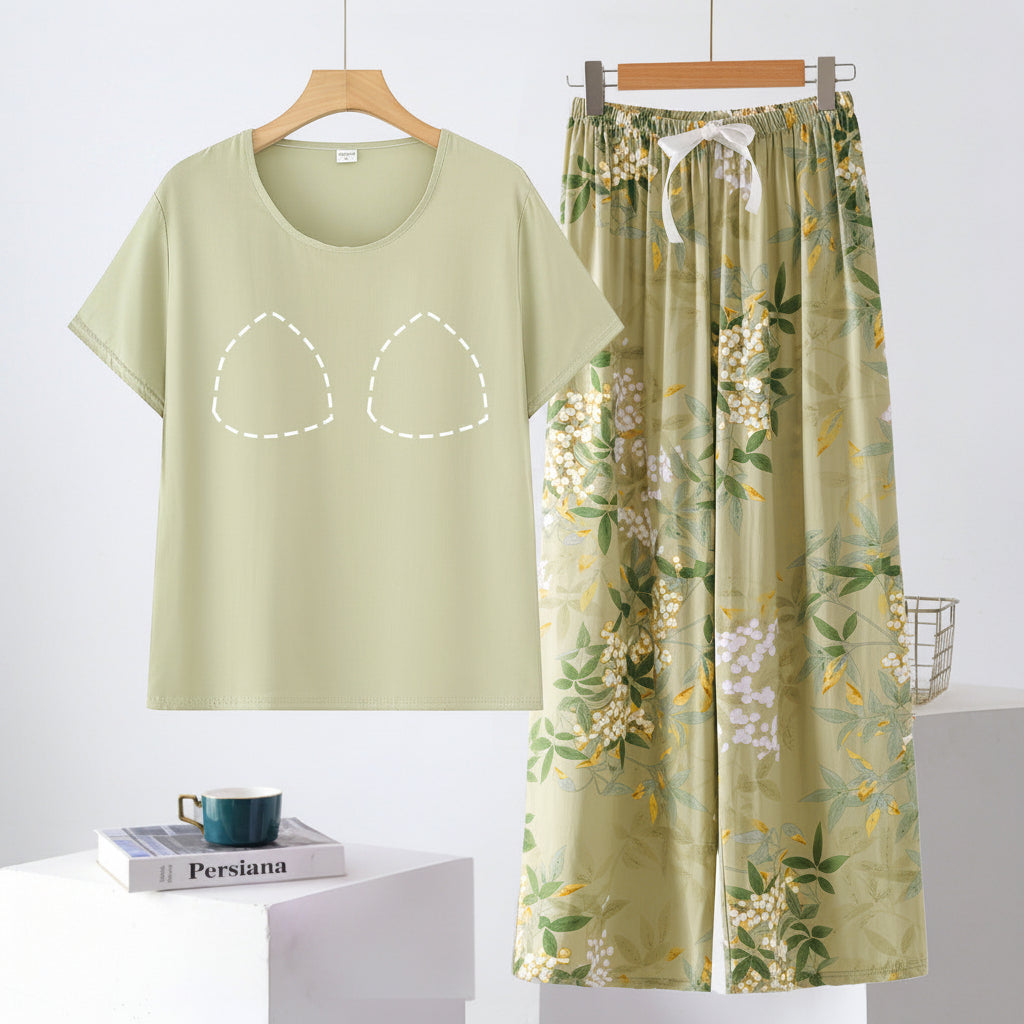 Olive Blossom Lounge Set in soft olive green with built-in padded bra, comfortable Indian nightwear by ZeroBra