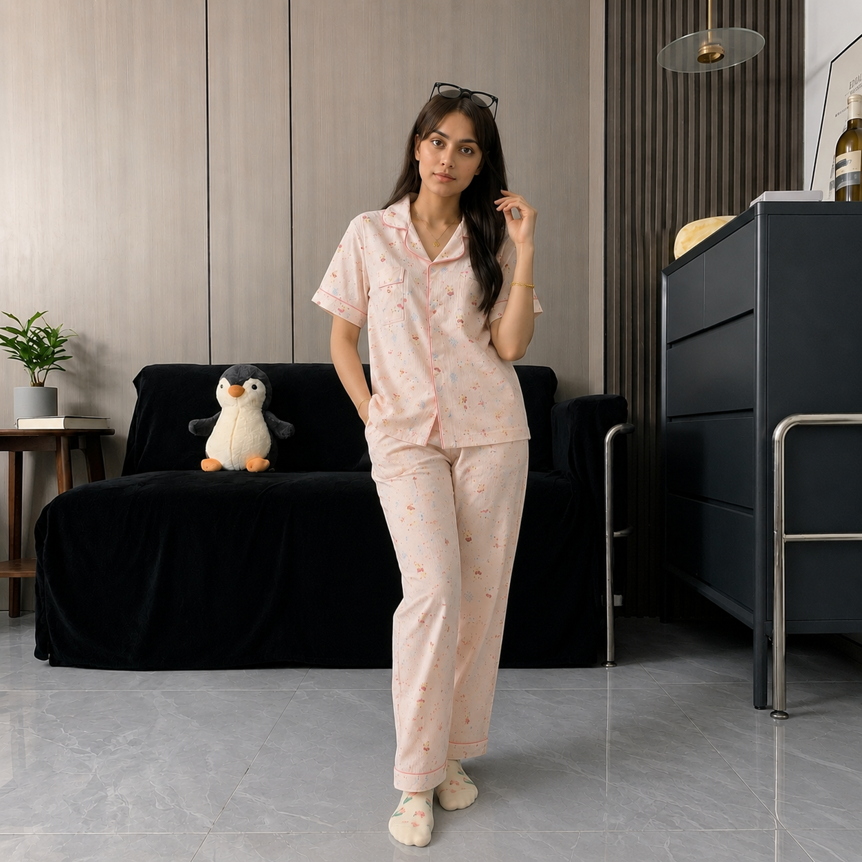 Blush pink padded pajama set with built-in bra by ZeroBra, comfortable Indian loungewear for women