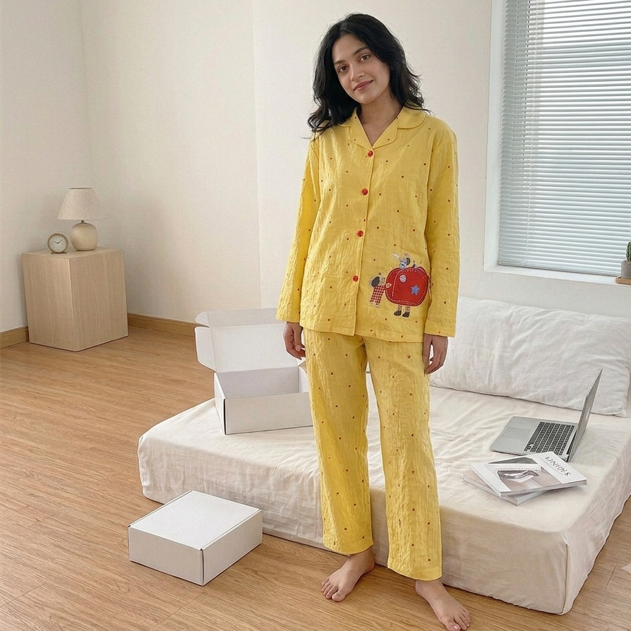 Sunny Apple Padded Pajama Set in cheerful yellow-green print, comfortable Indian loungewear by ZeroBra