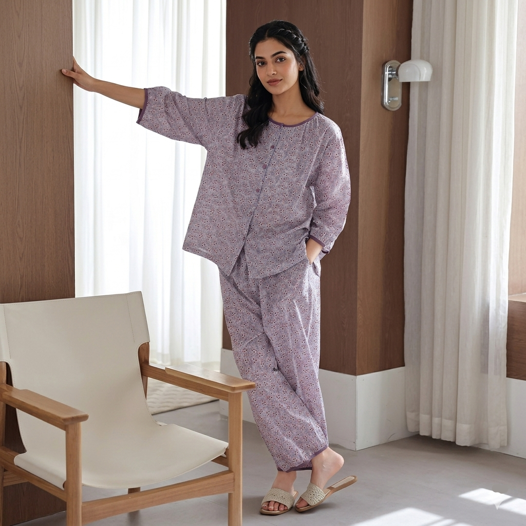 Lavender Meadow Padded PJ Set in lilac bloom print - comfortable Indian sleepwear by ZeroBra