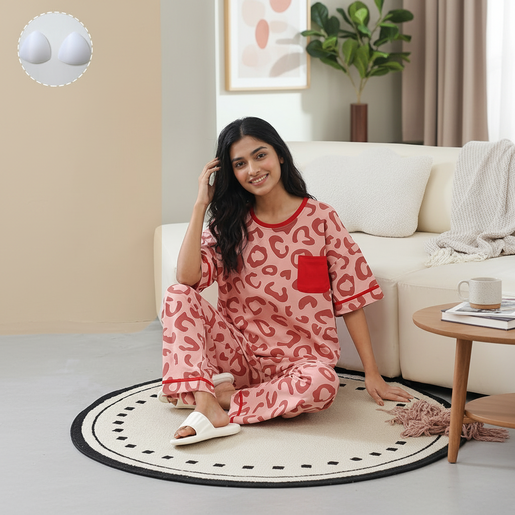 Cherry Leopard PJ Set with padded bra top in vibrant cherry red leopard print - comfortable Indian sleepwear by ZeroBra