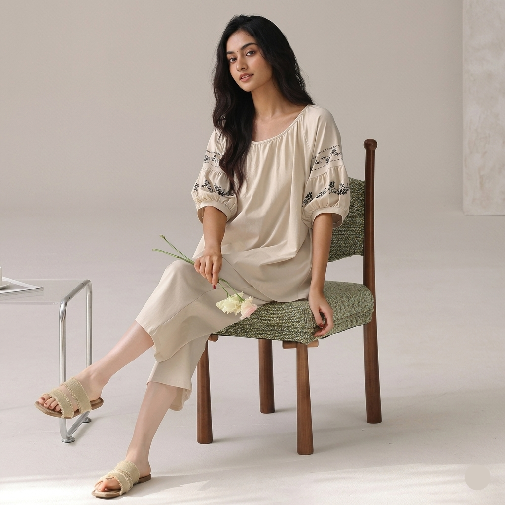 Moonlit Meadow Embroidered Lounge Set in ivory with delicate floral details, comfortable Indian sleepwear by ZeroBra