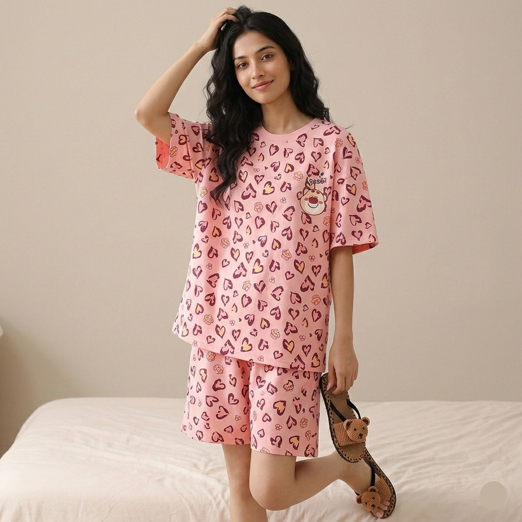 Pink Sweetheart Snuggle padded pajama set with comfortable bra top, showcasing ZeroBra's cozy Indian sleepwear