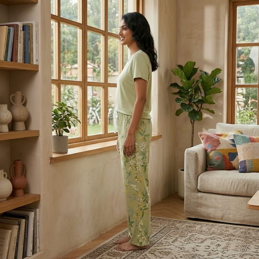 Olive green ZeroBra Blossom Lounge Set with built-in padded bra, comfortable Indian nightwear pajamas