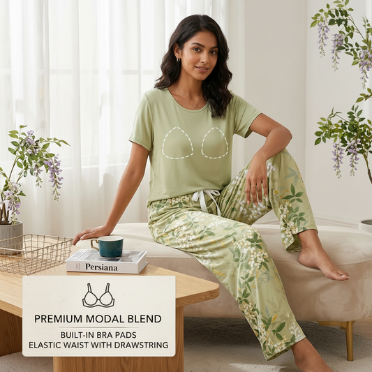 ZeroBra Olive Blossom Lounge Set in soft olive green with built-in padded bra, comfortable Indian nightwear