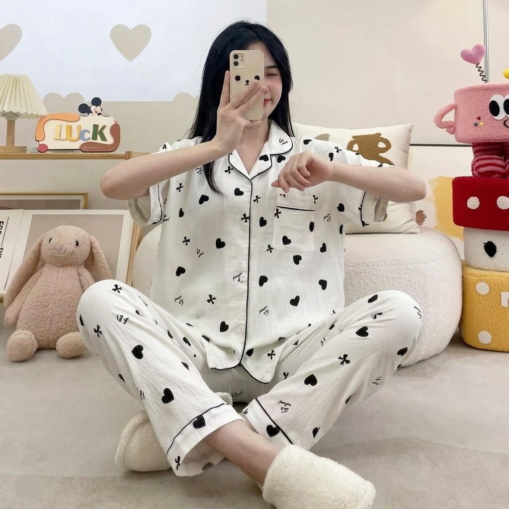 Midnight Hearts 3-Piece Padded PJ Set in monochrome print - comfortable Indian loungewear by ZeroBra