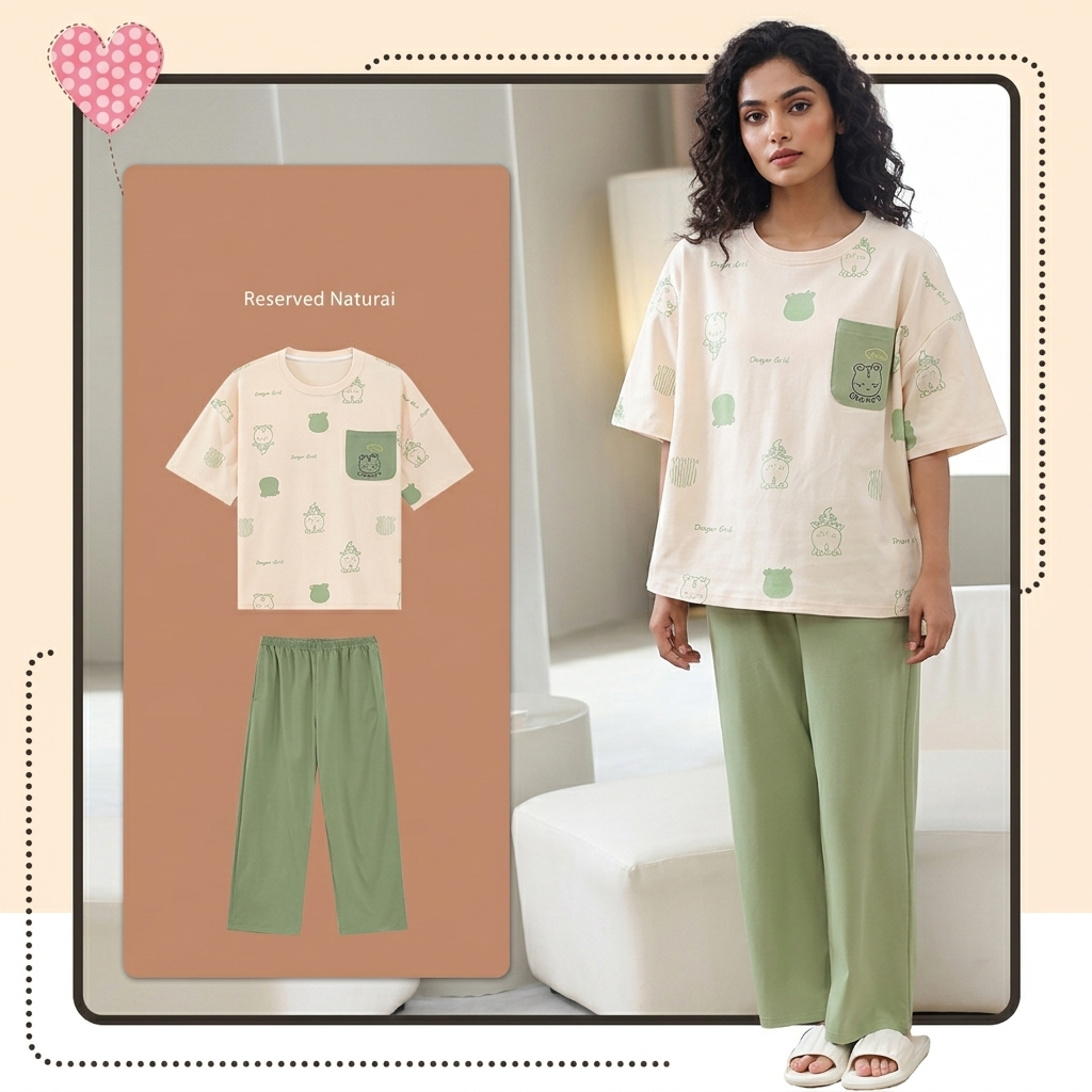 Froggy Garden PJ Set in green with playful frog print, featuring comfortable padded bra top - ZeroBra Indian lingerie