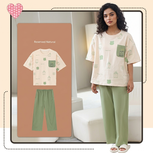 Froggy Garden PJ Set in green with playful frog print, featuring comfortable padded bra top - ZeroBra Indian lingerie