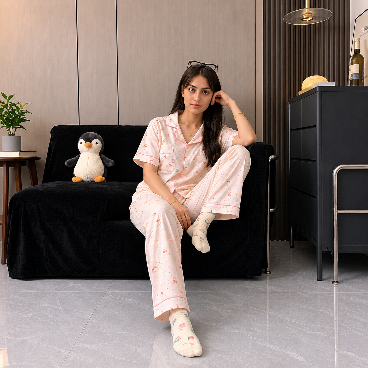 Blush pink Kitty Built-in Bra pajama set with comfortable padded support, ZeroBra Indian loungewear collection