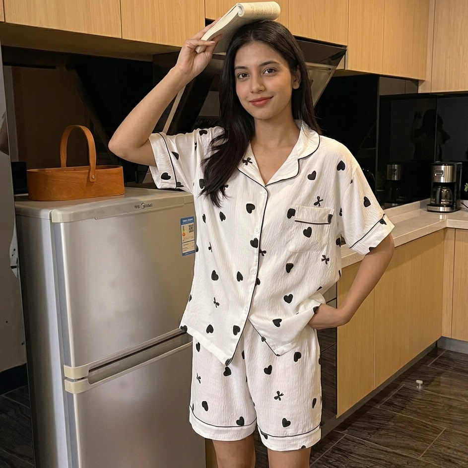 ZeroBra Midnight Hearts monochrome padded PJ set with heart print pattern, comfortable Indian loungewear design