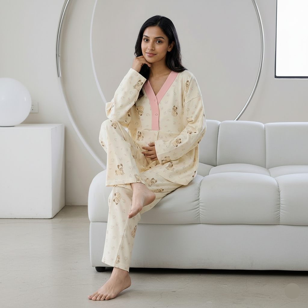 Maternity Teddy Bloom PJ Set in soft floral print, comfortable padded bra top, Indian maternity wear by ZeroBra