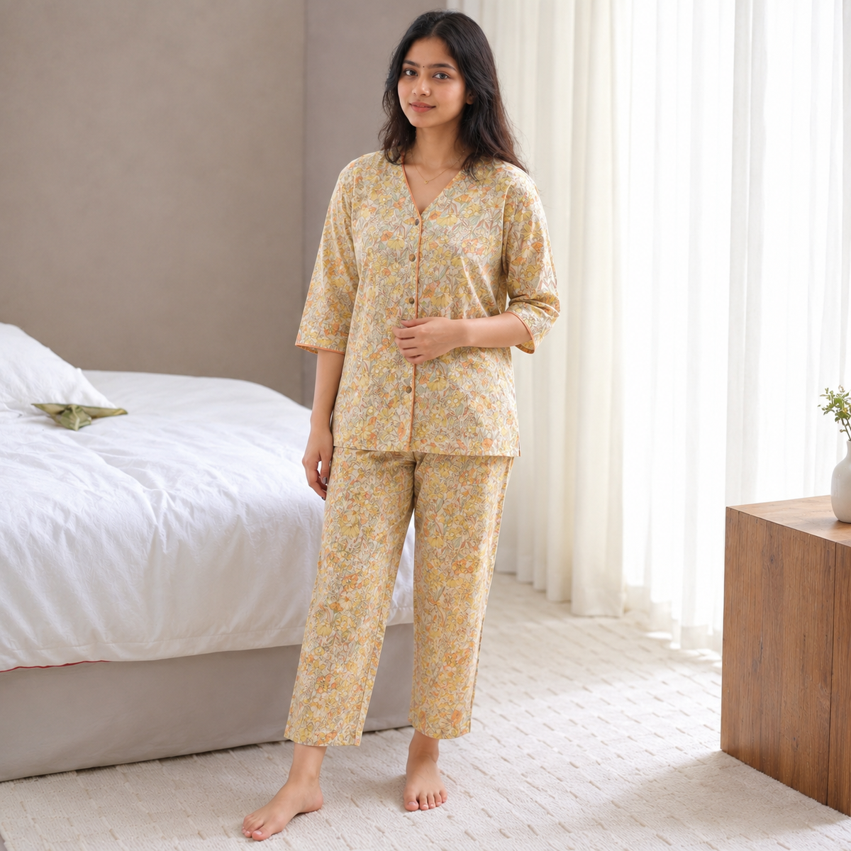 ZeroBra Golden Meadow Padded Lounge Set in golden hue — comfortable Indian pajama set with built-in bra support