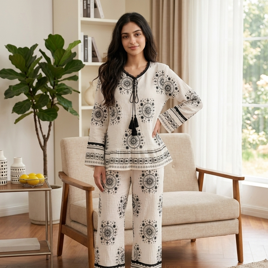 ZeroBra Midnight Boho Bliss pajama set in dark blue with built-in padded bra, comfortable Indian loungewear