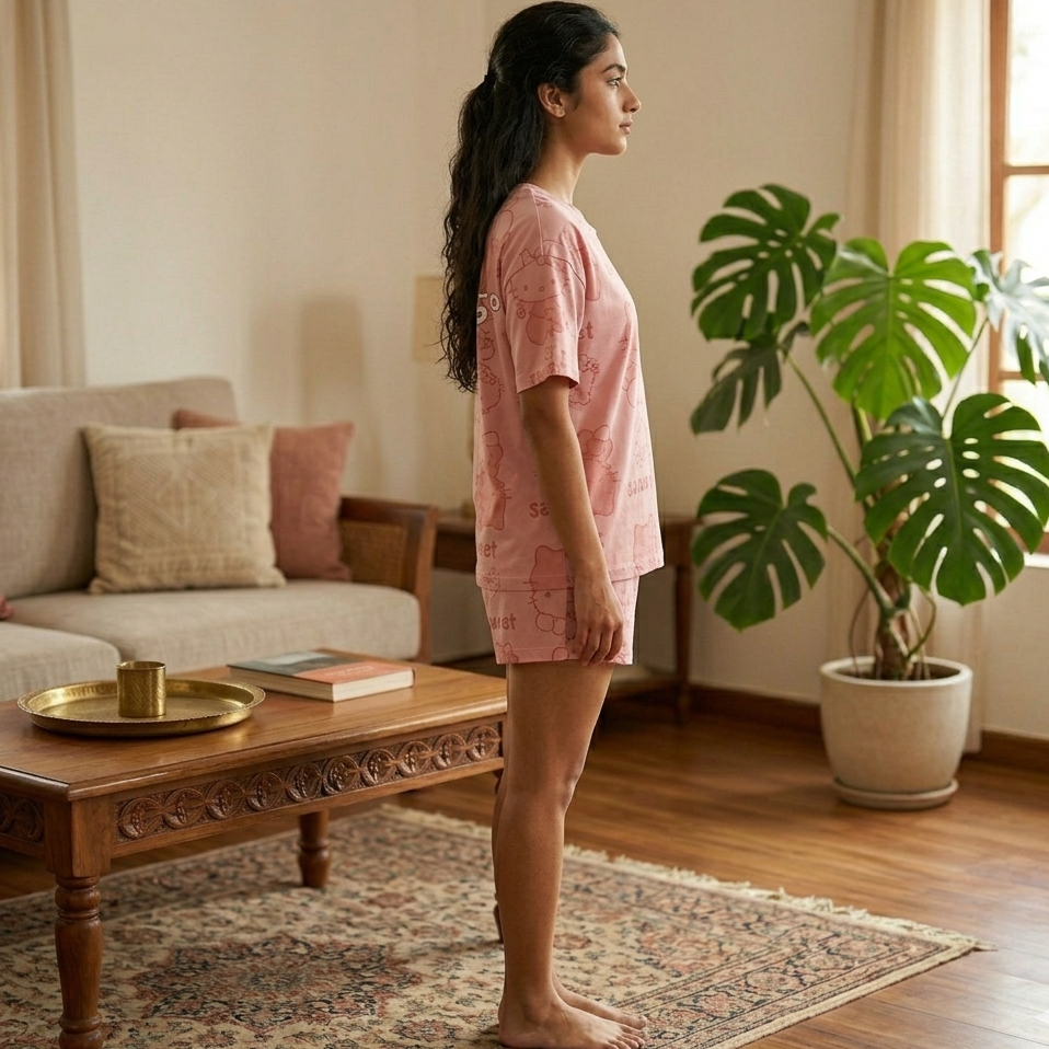 Sweet Kitty Dream Lounge Set in soft pink with built-in padded bra, comfortable Indian nightwear by ZeroBra