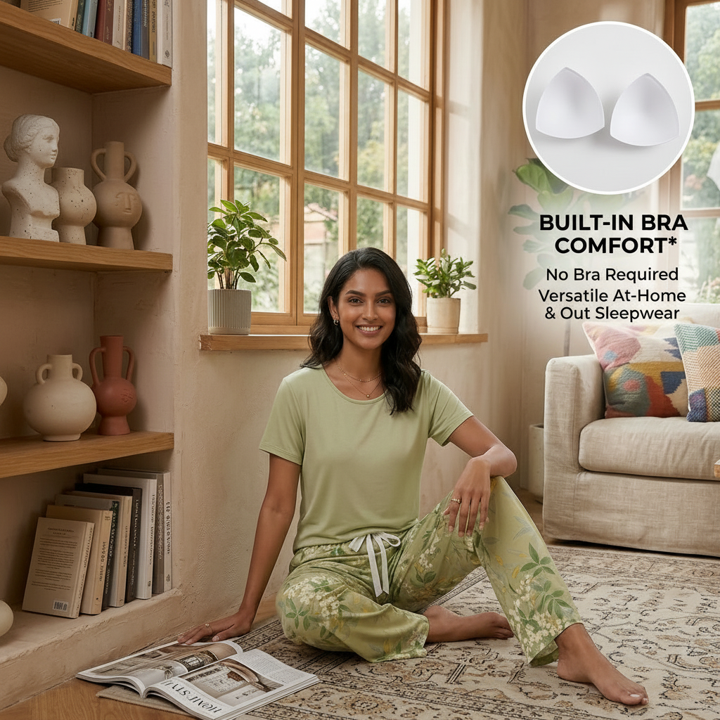 Olive green Olive Blossom Lounge Set with built-in padded bra, comfortable Indian nightwear by ZeroBra