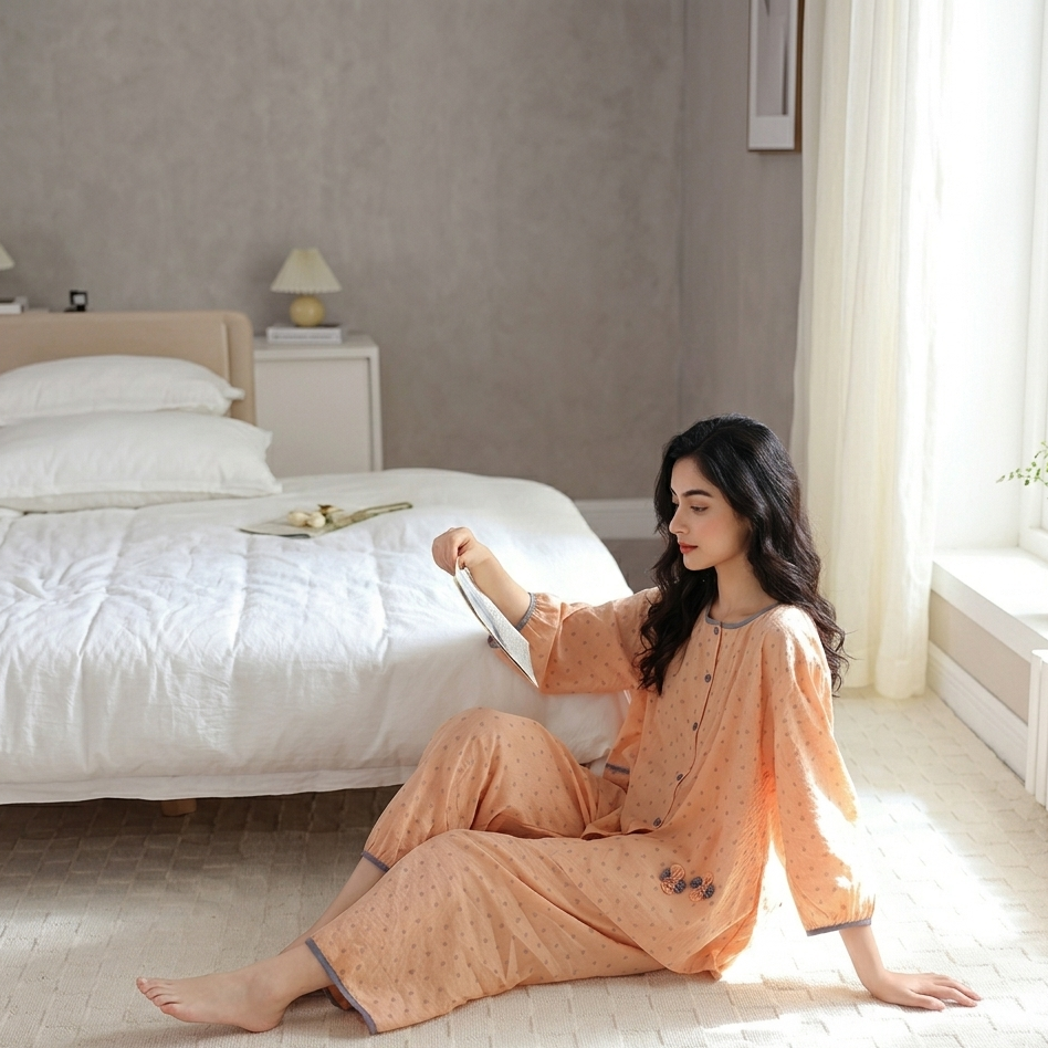 Peach Blossom padded PJ set in soft apricot tones, comfortable Indian loungewear by ZeroBra brand