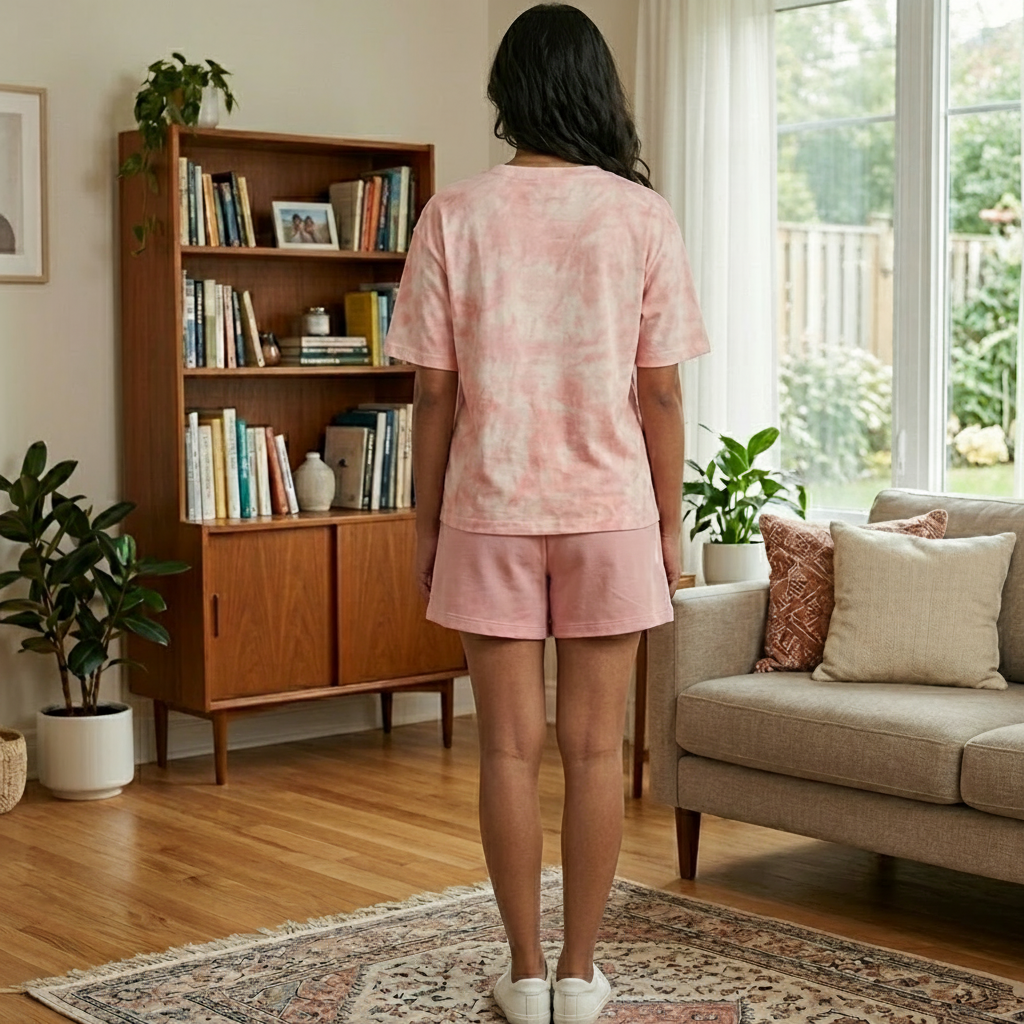 Blush pink Bunny Summer Lounge pajama set with built-in padded bra, comfortable Indian loungewear by ZeroBra